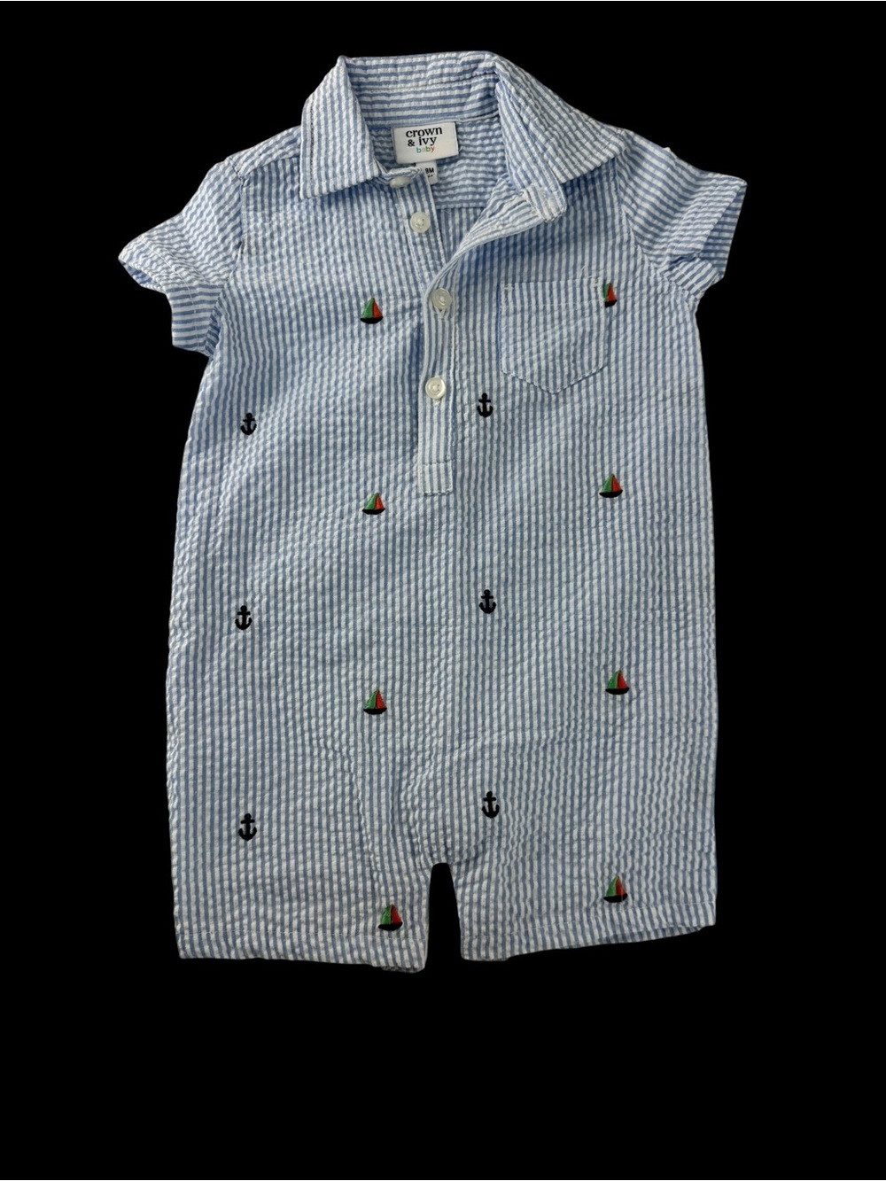 Crown & Ivy Blue Seersucker Baby Romper with Nautical Embroidery
